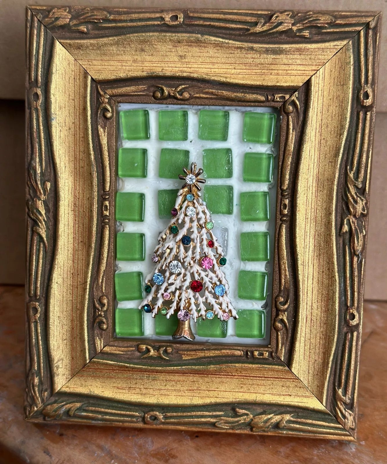 Handcrafted Mosaic + Jewelry Art Vintage Frame White Tree Rhinestones Christmas