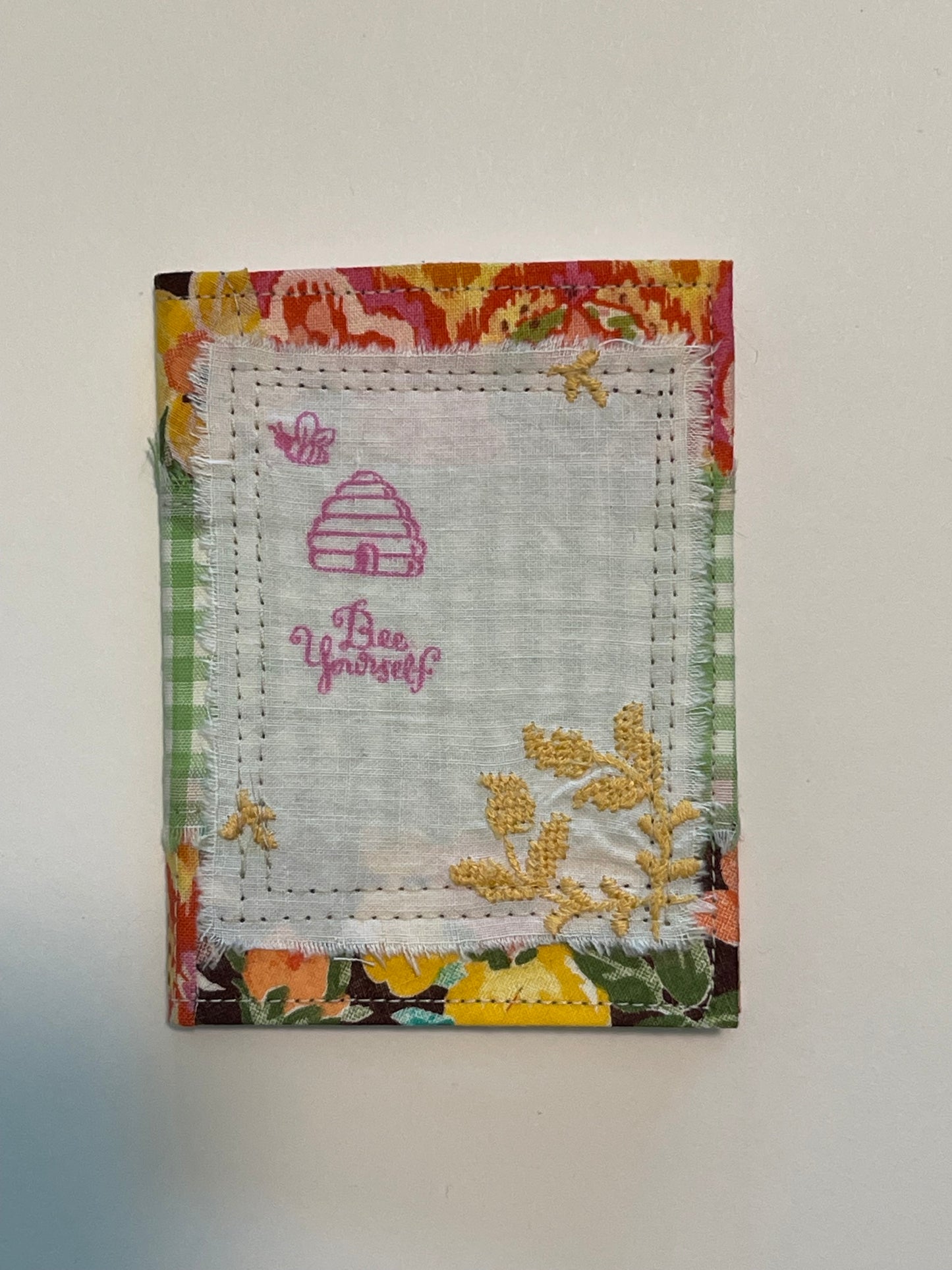 Bee Yourself mini art notebook journal with vintage fabric and bee design