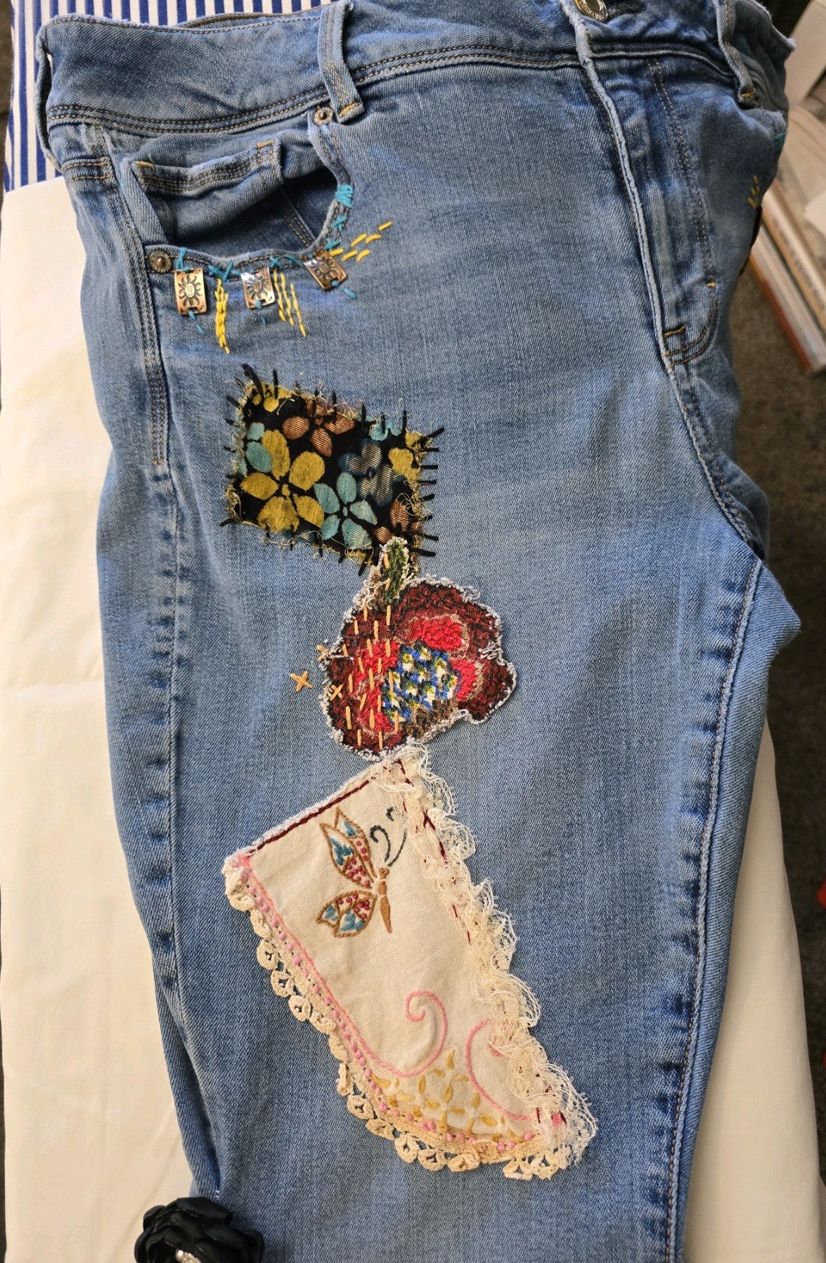 Upcycled Jeans. Hand stitched.