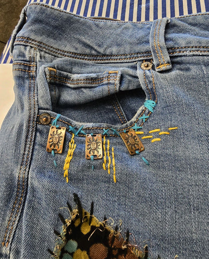 Upcycled Jeans. Hand stitched.