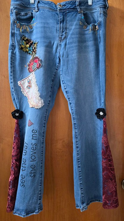 Upcycled Jeans. Hand stitched.