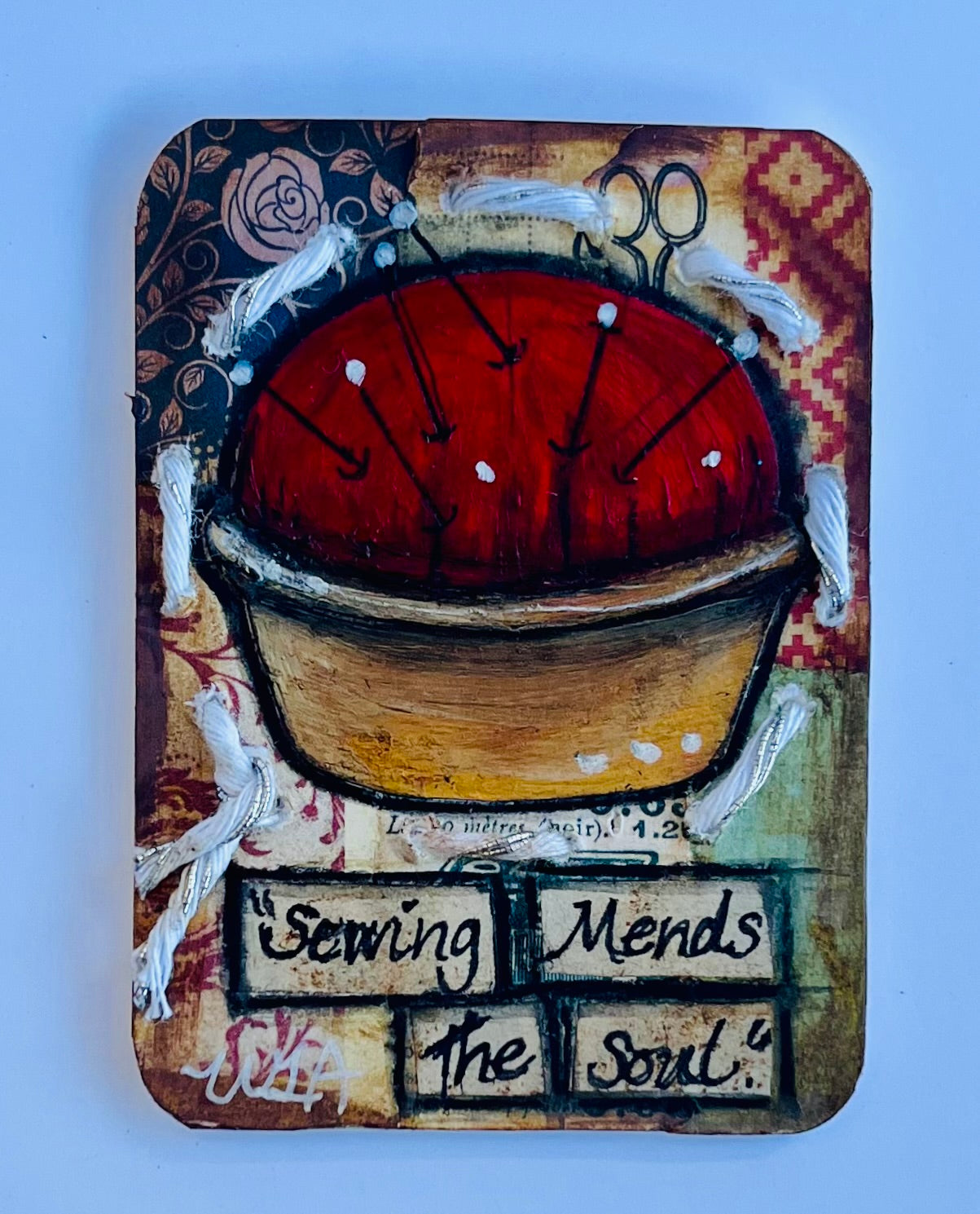 ATC "Sewing Mends the Soul". Number three of five originals. (Pin Cushion)