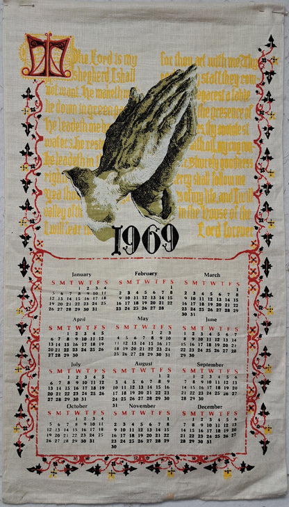 Linen Calendar Towel, 1969 (Praying Hands and 23rd Psalm)