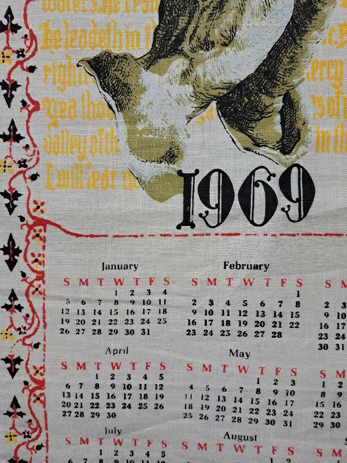 Linen Calendar Towel, 1969 (Praying Hands and 23rd Psalm)