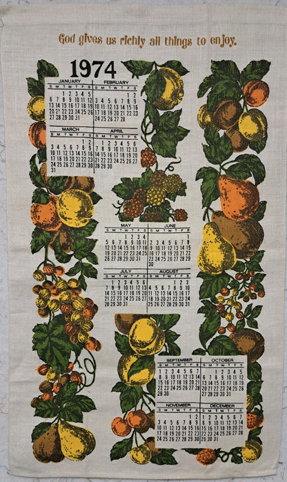 Linen Calendar Towel, 1974, "God gives us richly..."