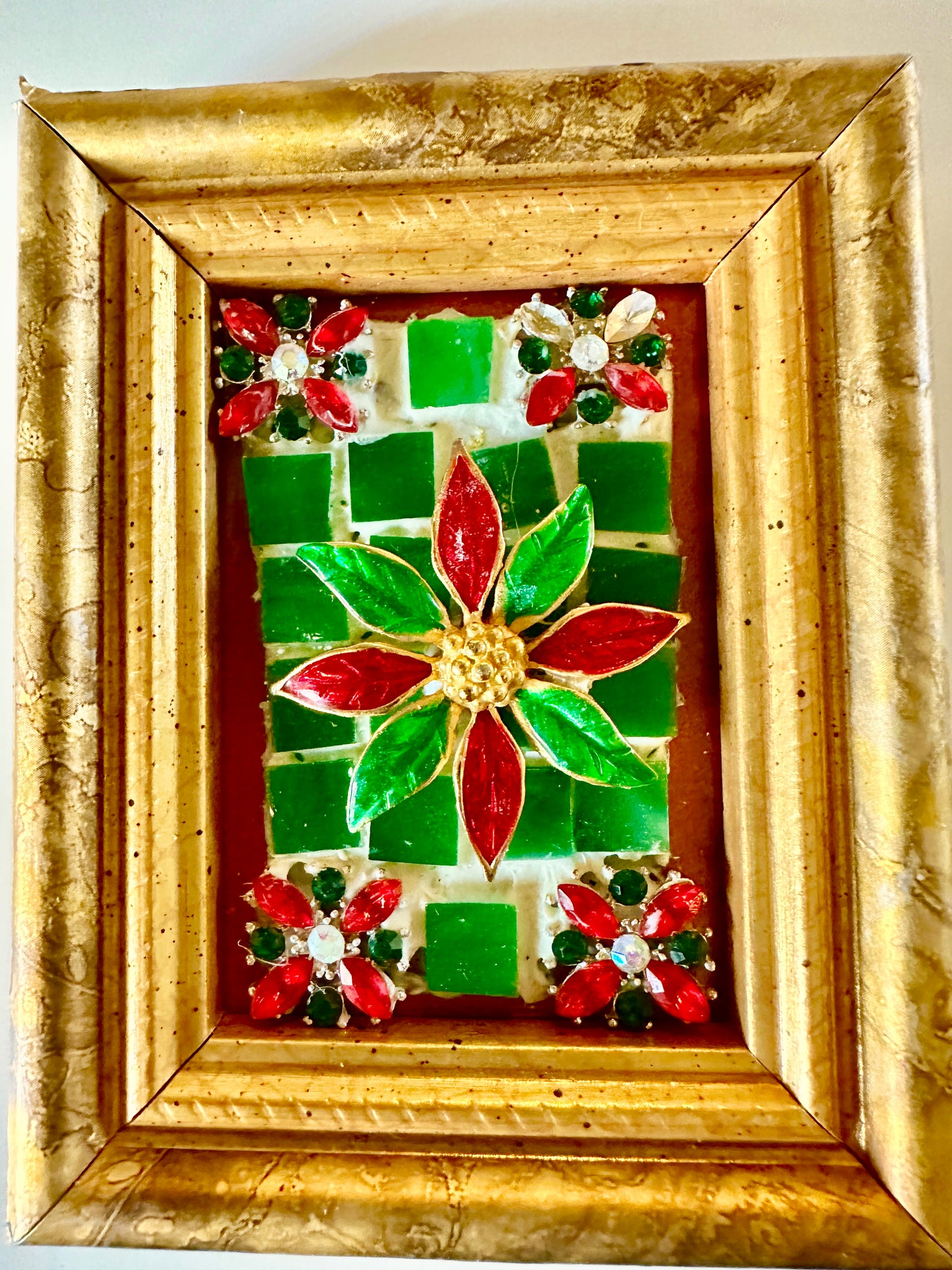 Handcrafted Mosaic + Jewelry Art Vintage Gold Frame Christmas Poinsettia