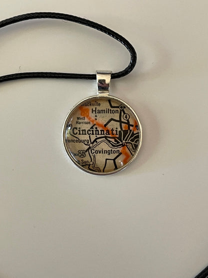 Silver Cincinnati City map pendant with black cord necklace