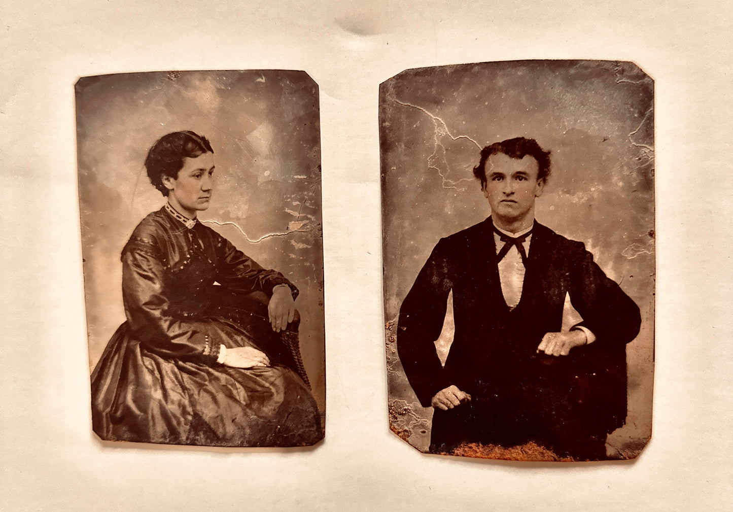 Antique 1870s Tintype Photos Man + Woman in Period Dress Family Heirloom 150 yrs old