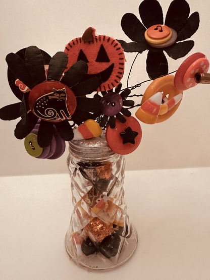 HALLOWEEN Button Bouquet Jack-O-Lantern Black Cloisonne Cat Ghost 7 inches tall