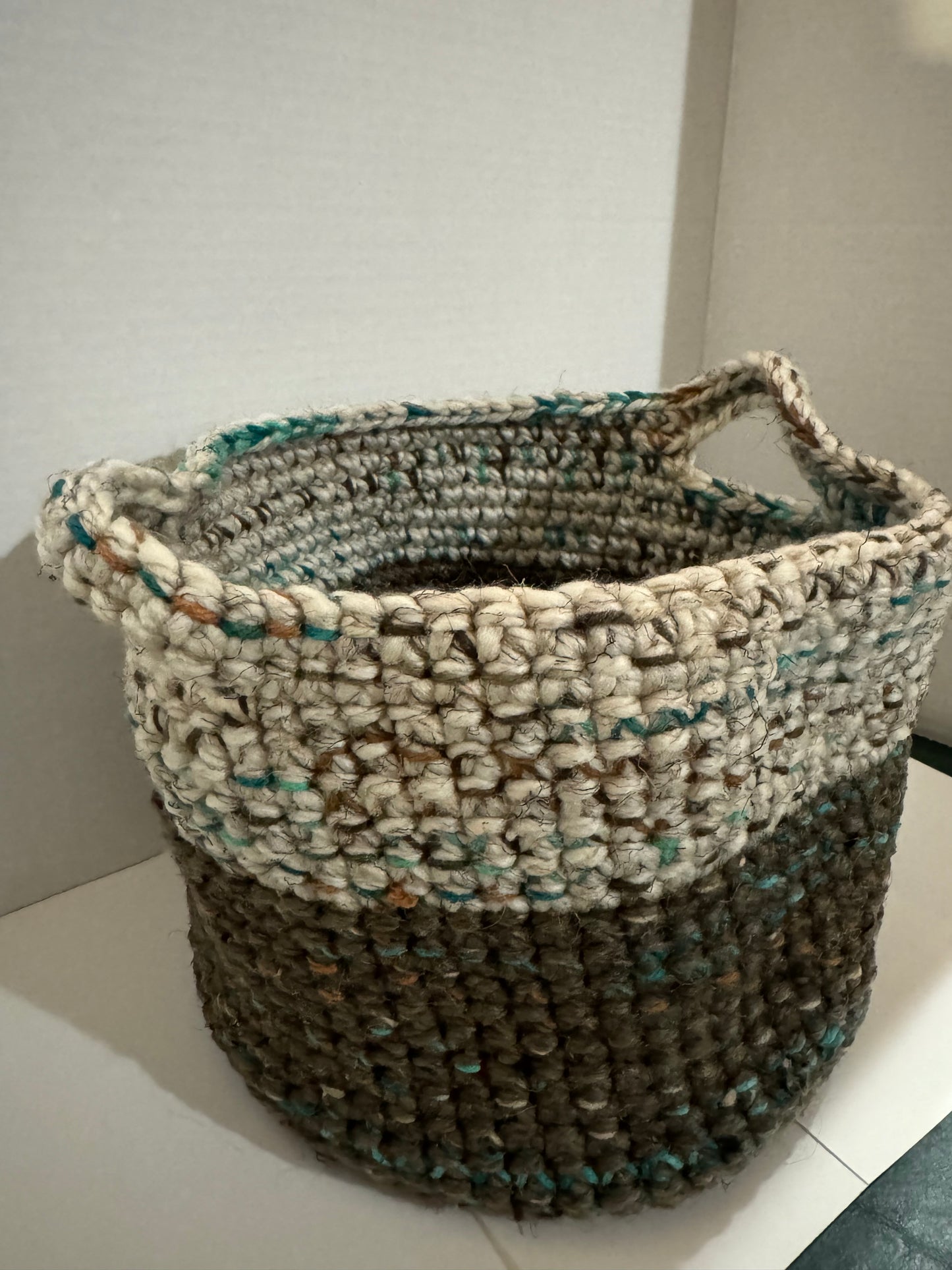 Hand Crocheted Wool Basket with Handles