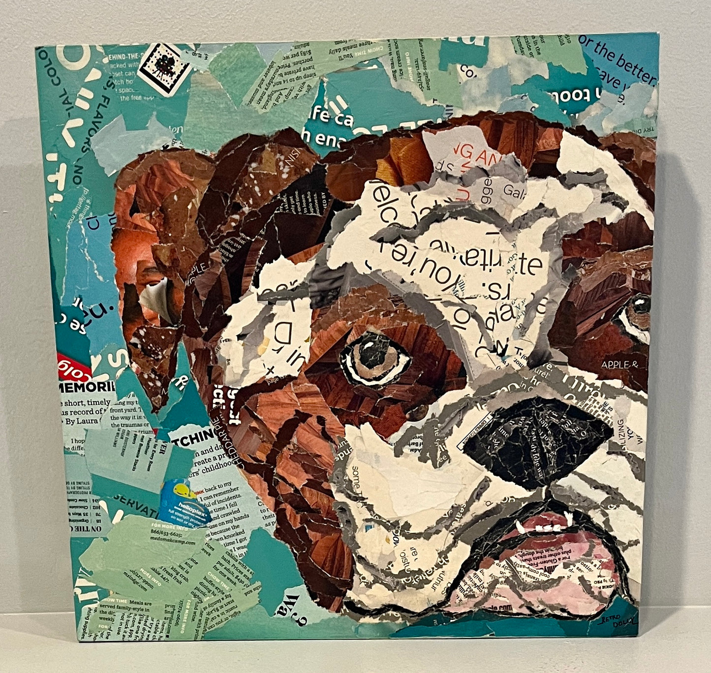 Wrinkles & Folds Bulldog Mascot Family Friend Torn Paper Collage Mixed Media