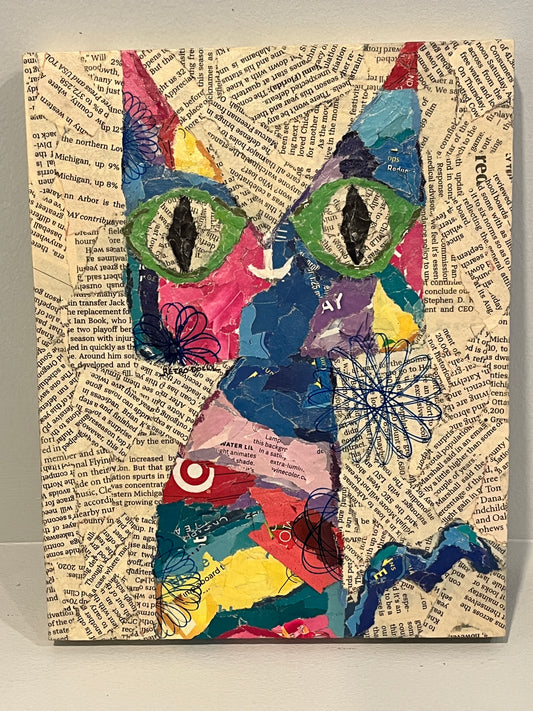 Funky Spiro-Kitty Modern Cat Torn Paper Collage