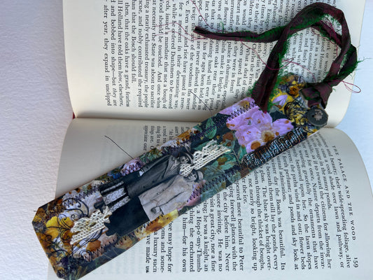 Bookmark handmade beautiful small piece of art, gift, vintage, collage stitched