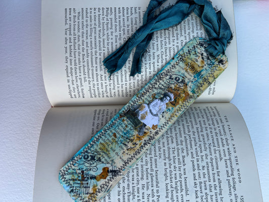 Bookmark handmade beautiful small piece of art, gift, vintage, collage stitched