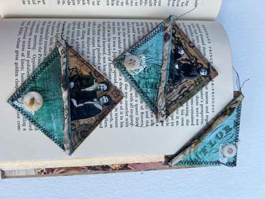 Handmade corner bookmarks set of three.  Gift ,book lover, birthday, vintage papers, stitched vintage buttons