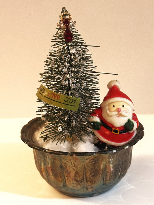 Merry Santa in Vintage Sugar Bowl Assemblage Tree Angel Banner Snow