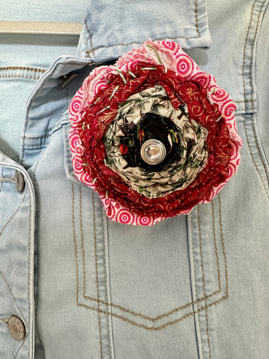 Handstitched + Glued Shabby Floral Brooch with Jewelry Embellishment