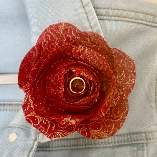 Lovely Red Rose Floral Fabric Brooch with Coordinated Jewelry Embellishment