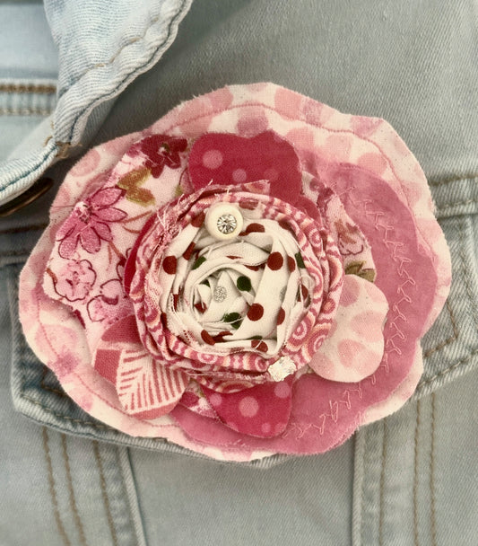 Lovely Pink Floral Brooch with Crystal Accents Handsewn and Glued