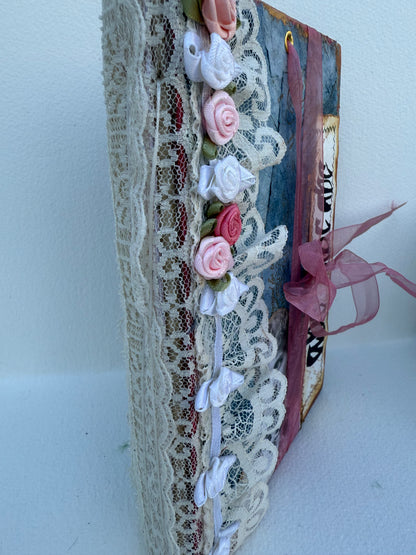 Handmade one of a kind journal three signatures over 50 pages of journaling area Vintage lace calligraphy special gift perfect for wedding,  Valentine’s Day