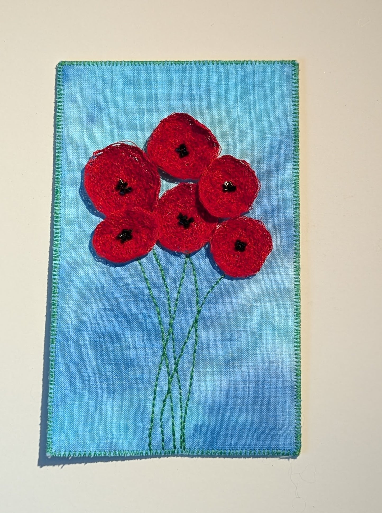 Bright Red Poppies, Dimensional Fabric Postcard, 4.25” x 7”