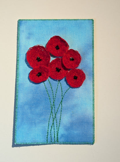 Bright Red Poppies, Dimensional Fabric Postcard, 4.25” x 7”