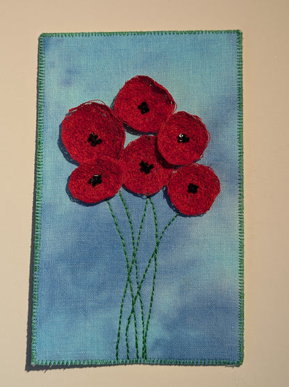 Bright Red Poppies, Dimensional Fabric Postcard, 4.25” x 7”