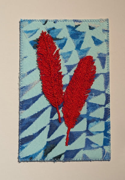 Red Feather Fabric Postcard, 3.5” x 5.5”