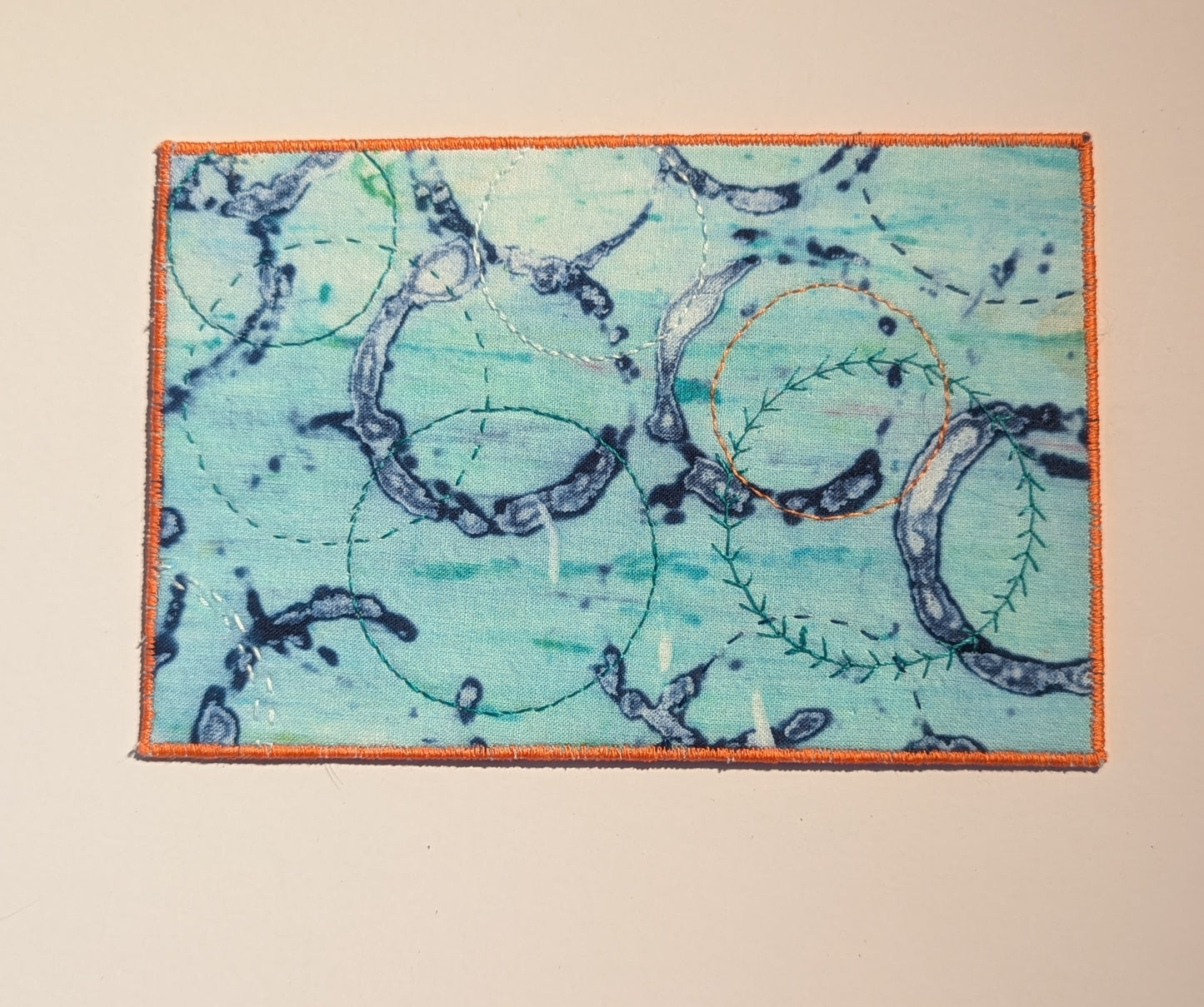 Blue Circles - Hand Stitched Fabric Postcard, 6.25” x 4.25”