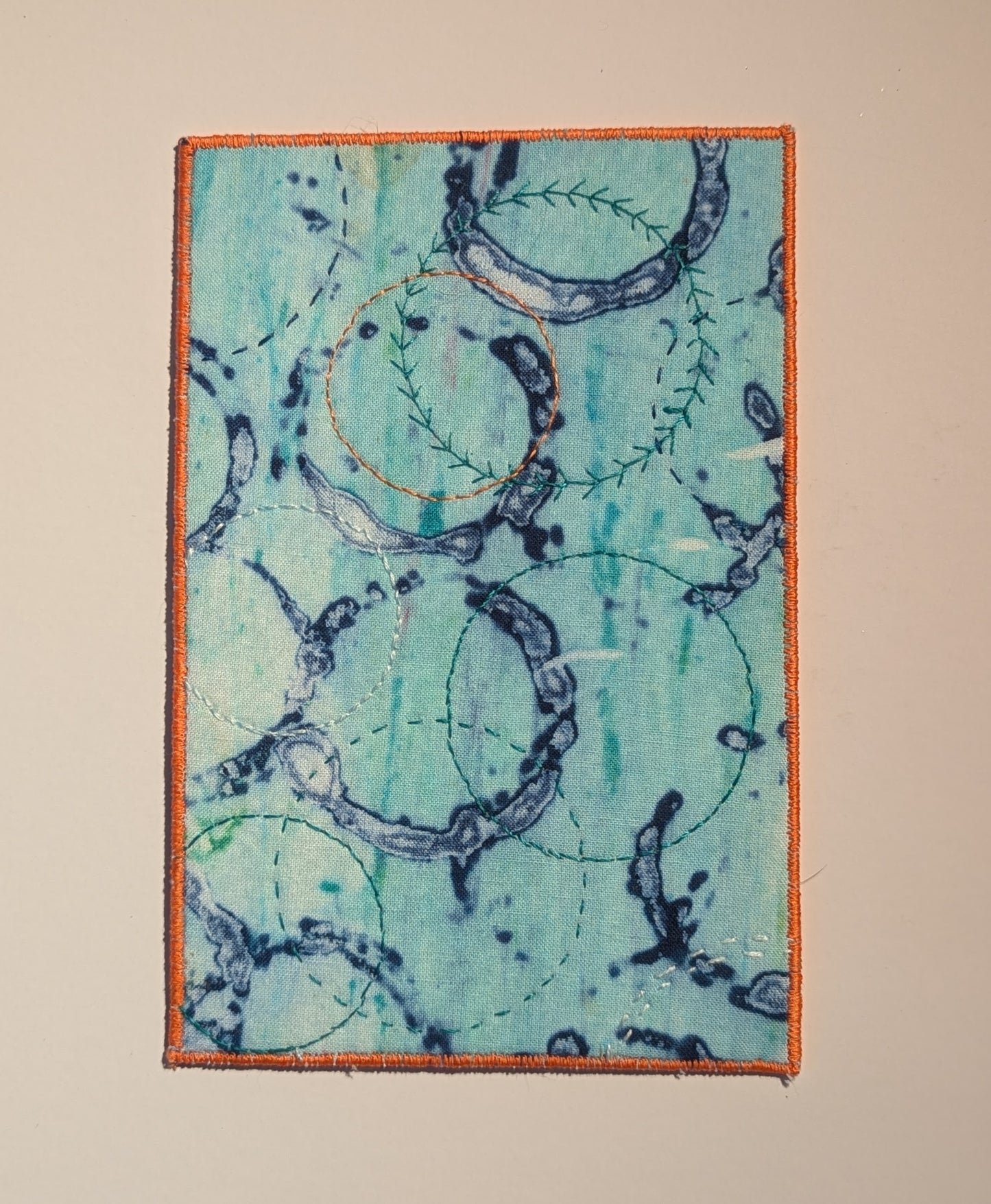 Blue Circles - Hand Stitched Fabric Postcard, 6.25” x 4.25”