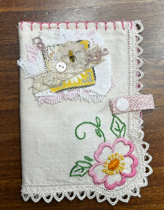 Pink Flower Sewing Case with Bee Cluster Pin