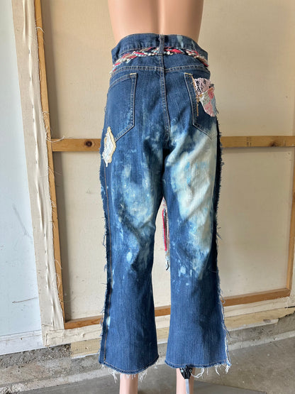 Pink and Blue Patchwork Jeans with braided yarn belt A13