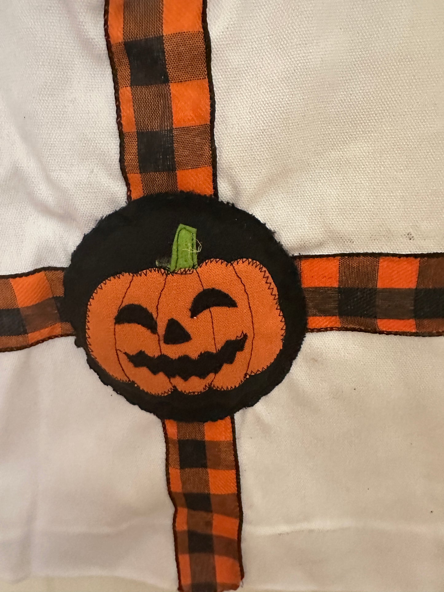 White Canvas Halloween Sack with Pumpkin Face and Checked Ribbon Trim