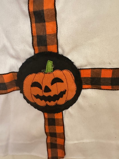 White Canvas Halloween Sack with Pumpkin Face and Checked Ribbon Trim