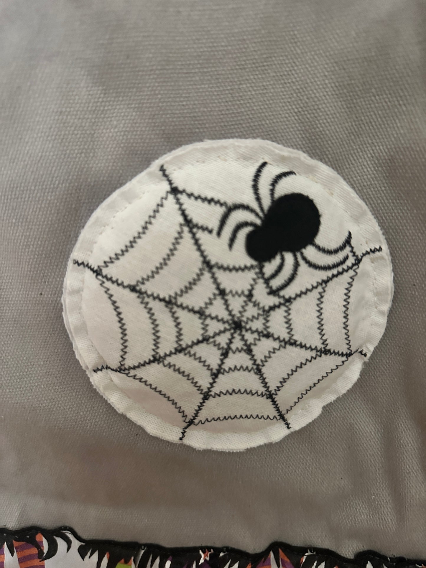 Gray Canvas Halloween Tote Puffy Spider with Witch Legs Ribbon Trim