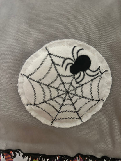 Gray Canvas Halloween Tote Puffy Spider with Witch Legs Ribbon Trim