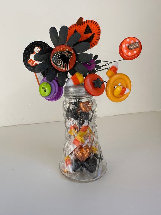 Spooky Cloisonné Black Cat Button Bouquet Ghost Pumpkin Candy Corn in Salt Shaker Vase