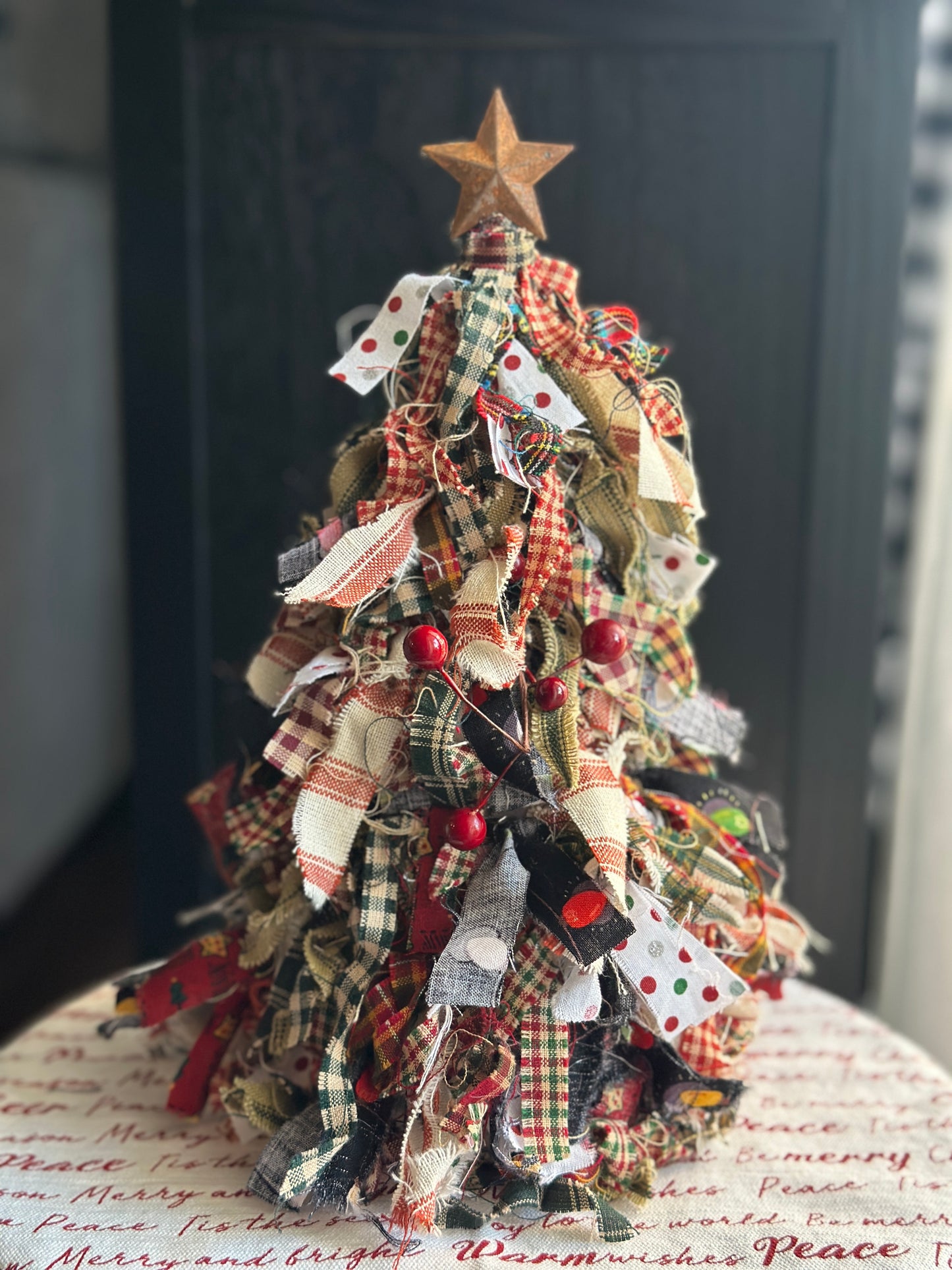 Scrappy Homespun and Christmas Fabric Tree Rusty Star Topper Berry Trim