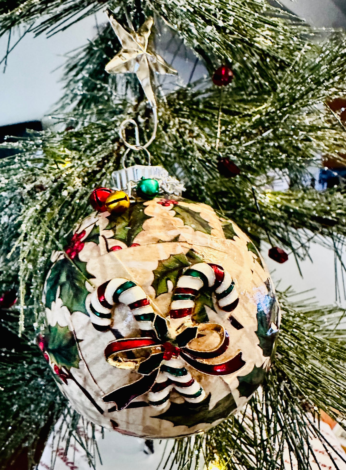 Decoupage and Candy Cane Jewelry Holiday Ornament on Star Hook