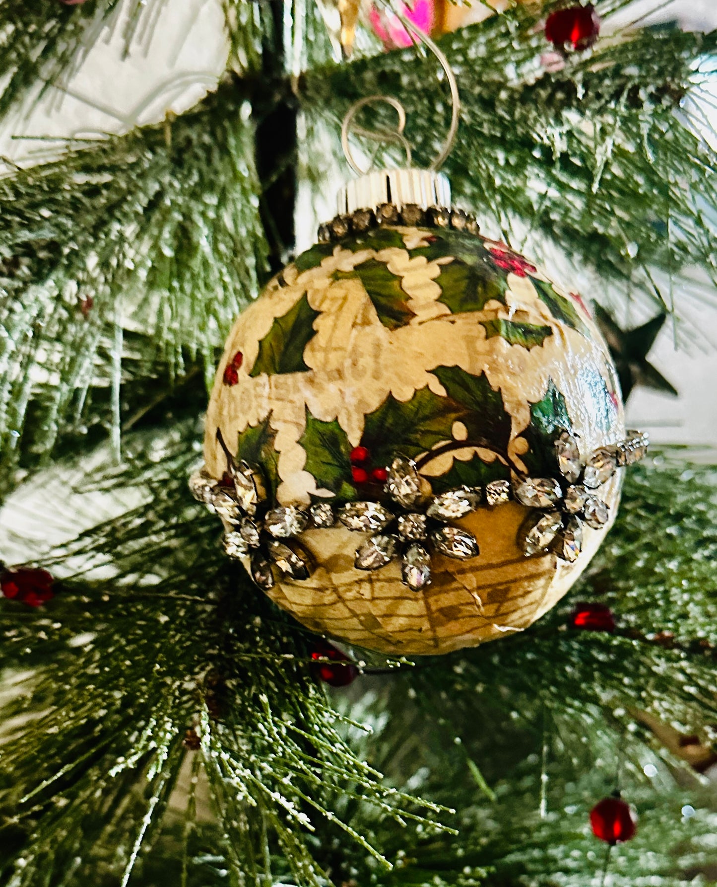 Decoupage Rhinestone Floral Jewelry Holiday Ornament on Star Hook