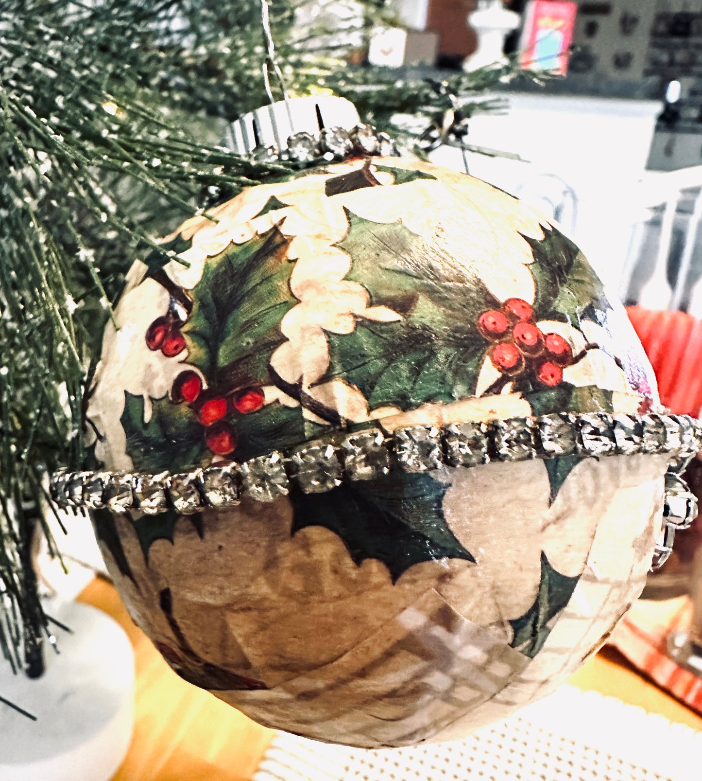 Decoupage Rhinestone Floral Jewelry Holiday Ornament on Star Hook