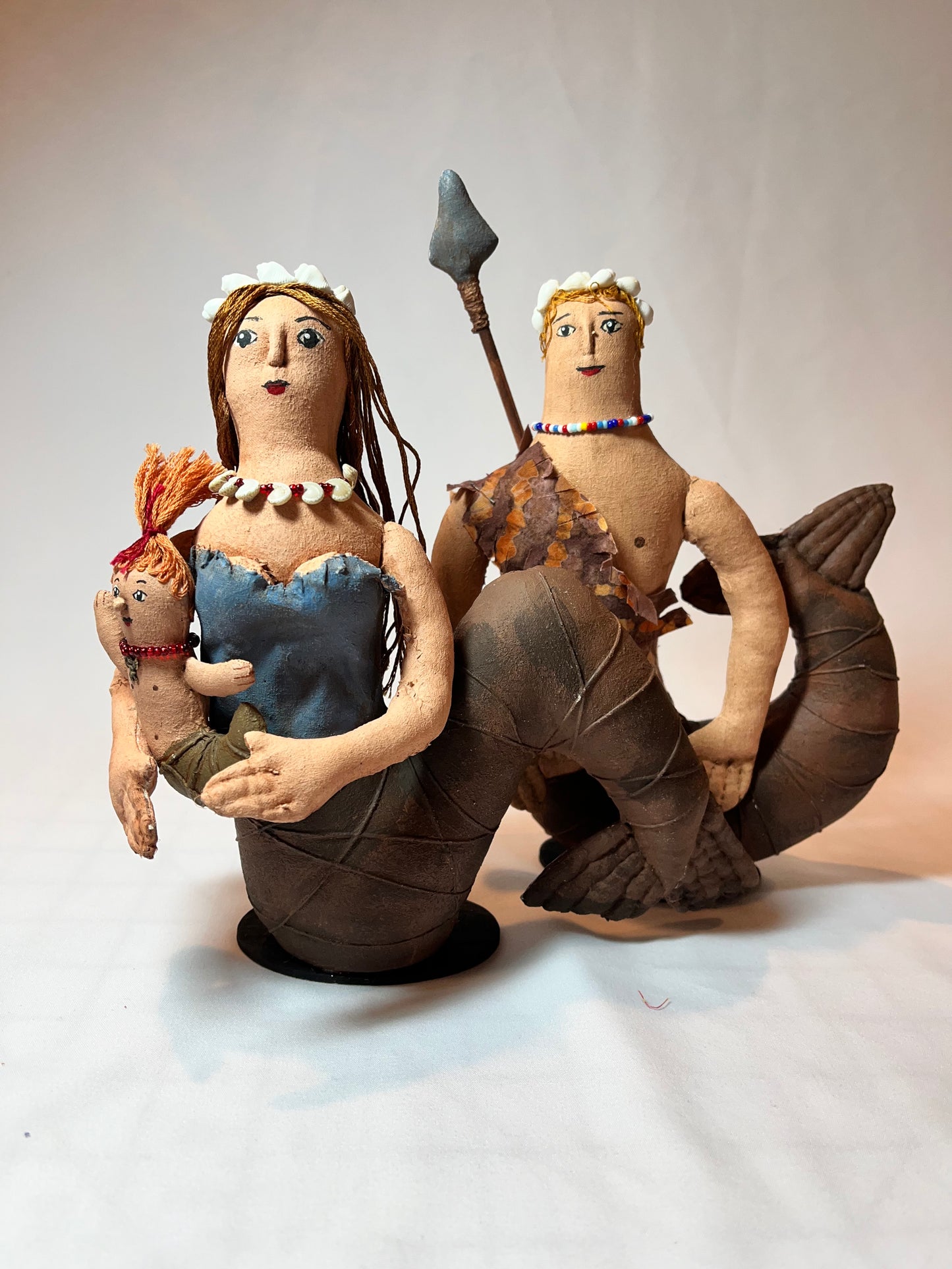 Art doll. Folk art style. Merfolk family. Red haired babe.