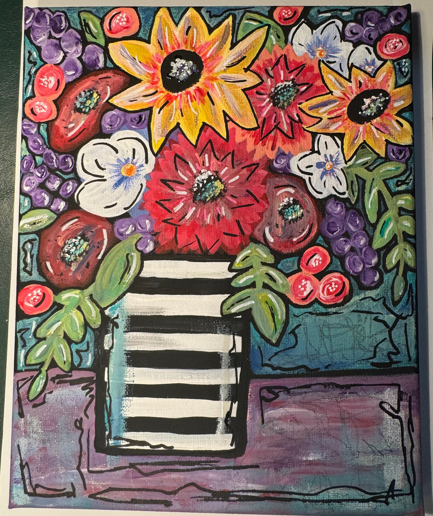 Bright and Fun Flower Bouquet in Black and White Vase 8 x 10 Acrylic Painting on Canvas